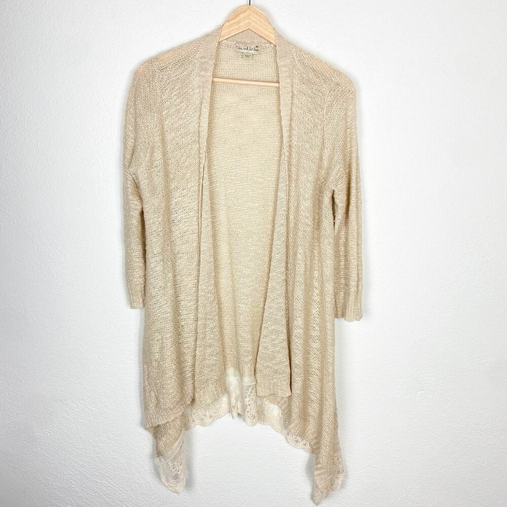 Live and Let Live Lace Hem Cardigan Size M Beige Cream Open Front